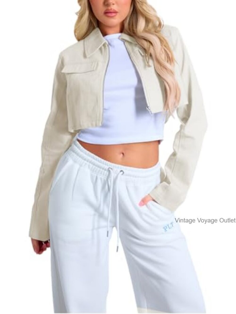 Women's Casual Cropped Zip Up Jacket with Decorative Pockets